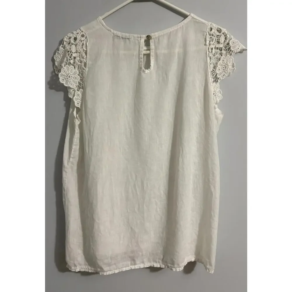 Viola Borghi Linen Top White Lace Cap Sleeves Made in Italy Women's Size Large - Picture 3 of 9